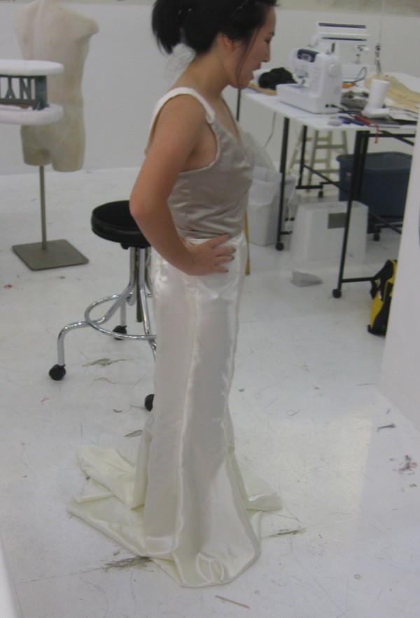 Testing the initial draping of the skirt with the corset and lining.