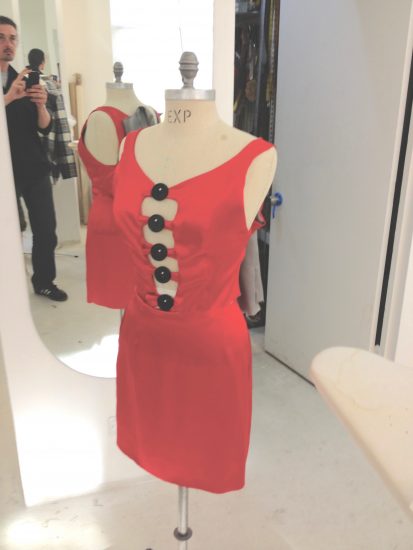 Sewing classes in chicago: tchad: drafting: workroom: final dress project: red silk: black buttons