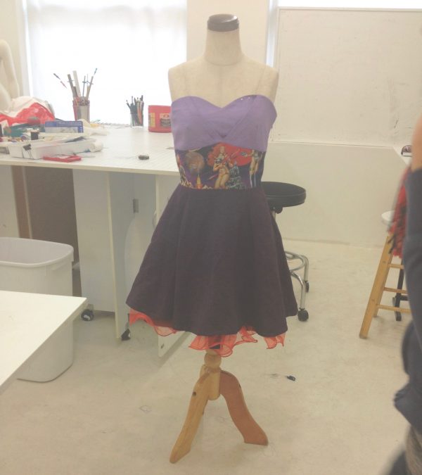 McCall's #6350 in purple and lilac linen with Barbarella print accent at Tchad Chicago Workrooms