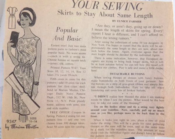 Sewing classes in Chicago: Tchad: DoA: Publication 59: Workrooms: Studio: Sewing: Library: Garment sequence construction: basting: Eunice Farmer: News column clipping