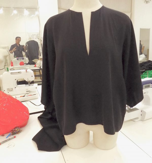 Peggy's second project adapted from a Helmut Lang black kimono cut blouse at the Tchad workroom sewing studio in Chicago