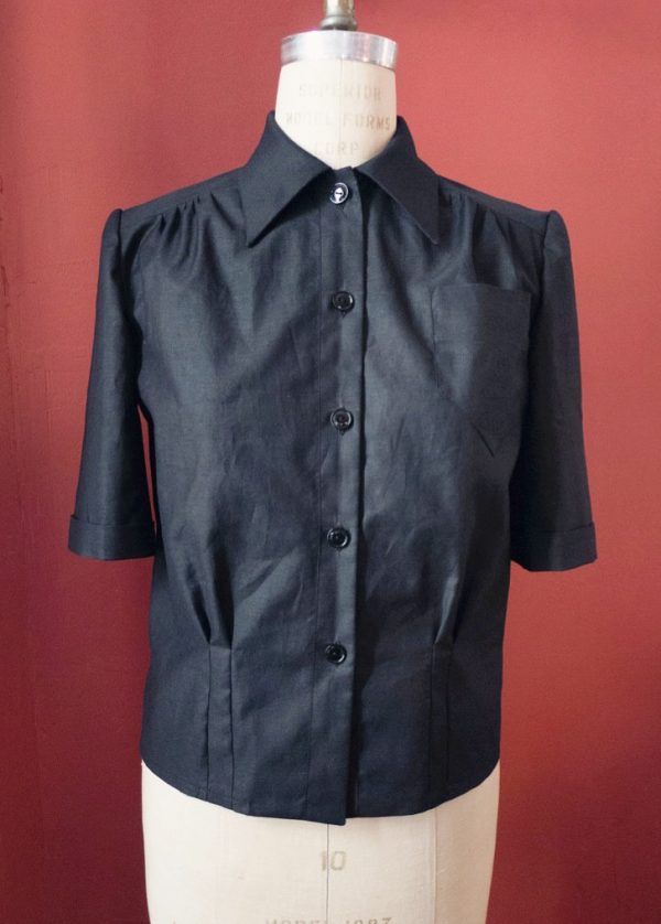 Linda Prieto's vintage black blouse made of headstock fabric using vintage patterns. Tchad sewing class chicago sewing studio Chicago workroom