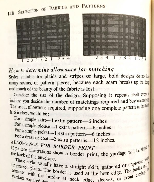 Page on plaid purchasing from Violet Wilson's Sewing Without Tears from the Tchad workroom sewing Studio library in Chicago