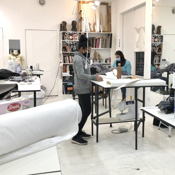 Kanya and Beth work out the details in new sewing projects for the Spring at Tchad's  workroom and sewing studio in Chicago.